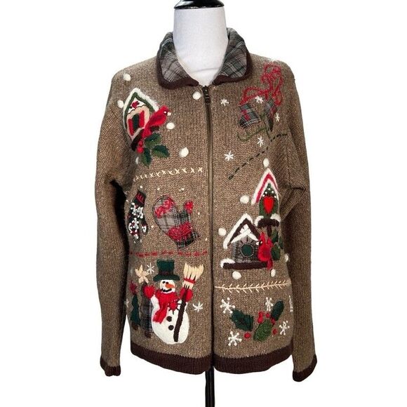 Victoria Jones Vintage Christmas Sweater Embroidery GrandmaCore Cardigan Snowman - Picture 3 of 11